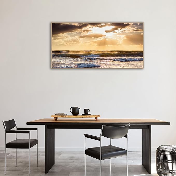 Framed Sunset Ocean Wall Art - Canvas Wall Decor Glow Sea Scene Nature Landscape Prints Sunset Over the Ocean Painting Artwork Living Room Bedroom Office Home 24" x 48"