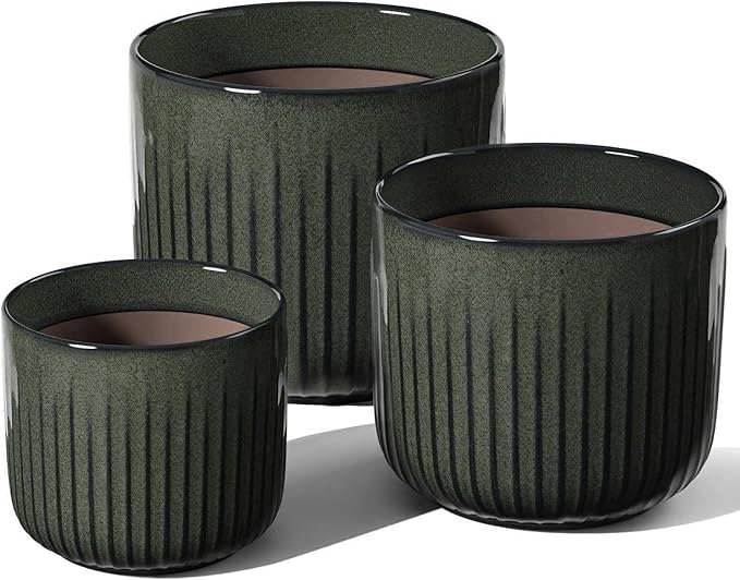 LE TAUCI Fluted Ceramic Planters Set of 3 – 8.3/7 / 5.7 in Dark Olive Reactive Cylinder Indoor Plant Pots with Drainage Plug & Mesh, Glossy Stoneware Flower Pots for Succulents Herbs