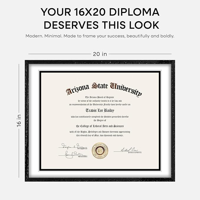 Homeforia 16x20 Diploma Black Wood Frame, High End Oak 16 x 20 Certificate Frames with Mat 14 x 17, 16by20 Document Frame Matted to 14by17, Wooden Graduation Frames, Tempered Glass, Wall Kit, Set of 1