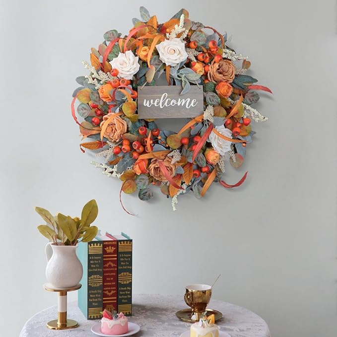 Fall Wreath for Front Door, 24 Inch Autumn Wreath with lamb's Ear Leaves, Roses, Berries & Wooden Sign,Fall Decorations for Home, Artificial Flowers Harvest and Thanksgiving Indoor & Outdoor