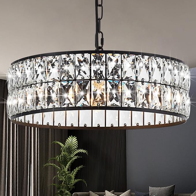 16” 4-Light Modern Crystal Chandeliers Black Dinning Room Light Fixture, Round Pendant Light Kitchen Island Chandelier, Flush Mount Ceiling Light for Living Room Entryway Bedroom Foyer