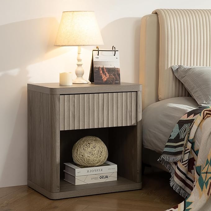 SICOTAS Large Nightstand with Drawer Storage - Grey Alder