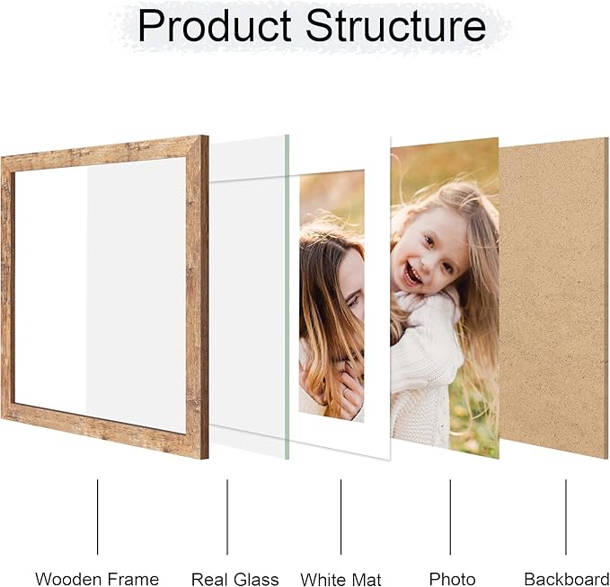 12x12 Picture Frame Set of 4, 12 x 12 Wood Photo Frames with Mat for 10x10 or 30x30cm Diamond Painting Art, Wooden Frame with Real Glass Cover for Wall and Tabletop Display,Brown