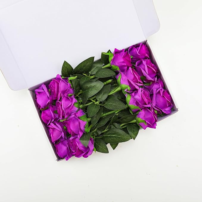 Purple Fake Roses Artificial Flowers - 16 Pcs Fake Artificial Roses Silk Flowers with Stems for Home Wedding Hotel Office Centerpiece Decor
