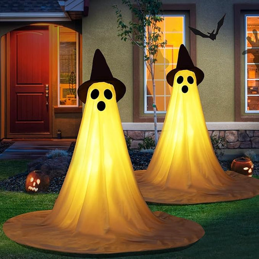 2 Packs Halloween Ghost Outdoor Decorations, 59” Light Up Ghost Decor with Remote Control, Adjustable Height Standing Halloween Lighted Ghost Kit with Witch Hat Ideal for Porch, Garden, Yard