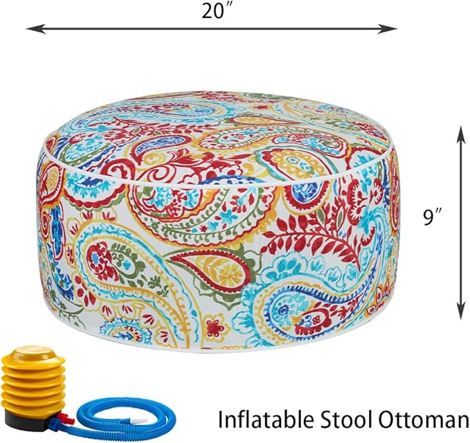 FUNHOME Inflatable Outdoor Ottoman with Air Pump,20"x9" Portable Patio Pouf,Water Resistant,Fade-Resistant,Round Blow Up Footrest Stools for Home Garden Camping Travel(Phoenix)
