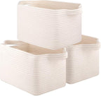 Storage Basket for Organizing, Woven Baskets for Storage, Rectangle Decorative Baskets for Shleves, Closet, Toys, Books, Nursery Organizer Bins - Pack of 3 (White)
