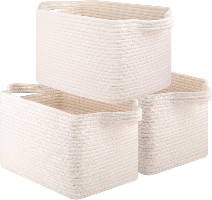 Storage Basket for Organizing, Woven Baskets for Storage, Rectangle Decorative Baskets for Shleves, Closet, Toys, Books, Nursery Organizer Bins - Pack of 3 (White)