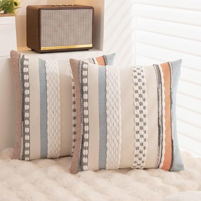 Boho Throw Pillow Covers 18x18 Set of 2 Farmhouse Decorative Cushion Case Striped Square Pillows Cover Chenille Pillow Cases Accent Neutral Pillowcase for Sofa Couch Bed,Orange-Blue