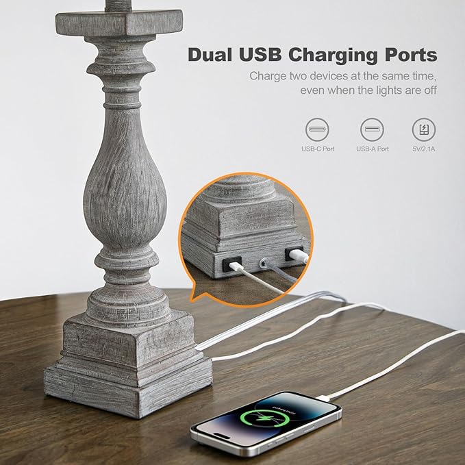 BOBOMOMO 27" Farmhouse Table Lamps with USB-A +C Ports, Vintage Rustic Lamps for Living Room, Linen Shade, Retro Side Table Lamps Set of 2 for Living Room,Bedroom,Night Stands,Office, Home Decor