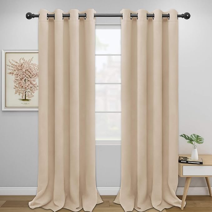 Easy-Going Blackout Curtains for Bedroom, Solid Thermal Insulated Grommet and Noise Reduction Window Drapes, Room Darkening Curtains for Living Room, 2 Panels (52x108 in,Beige)
