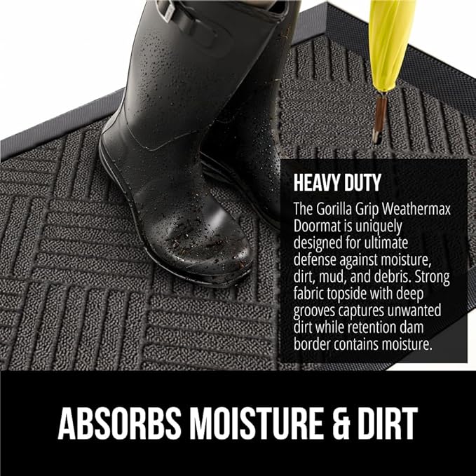 GORILLA GRIP 100% Waterproof All-Season WeatherMax Doormat 35x23, US Designed Natural Rubber, Stain and Fade Resistant, Low Profile Indoor Outdoor Door Mats, Easy Clean Patio Mat, Gray Diamond
