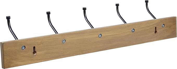 Amazon Basics Rectangular Farmhouse Wall-Mounted Coat Rack with Storage Hooks, 5 Hooks, Barnwood