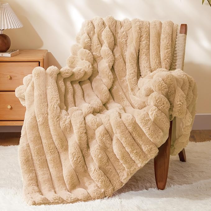 BEDELITE Faux Fur Throw Blanket for Couch, Soft and Cozy Luxurious 3D Striped Fluffy Blanket, 770GSM Thick Warm Plush Fuzzy Faux Rabbit Fur Blanket for Women Gift (Brown, 60"x 80")