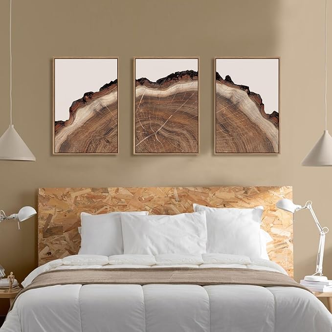 HPINUB Tree Rings Wood Wall Art Framed Set, Modern Beige Wood Stump Wall Decor, Abstract Tree Spiral Wall Painting,Nature-Inspired Art Print for Living Room, Bedroom, Dining Room, Office-16 x24 x3