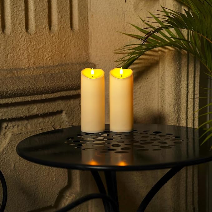 Homemory 3"x8" Outdoor Waterproof Flameless Candles, LED Candles, Battery Operated Candles with Remote and Timers, Electric Fake Plastic Pillar Candles, Dark Ivory, Set of 2