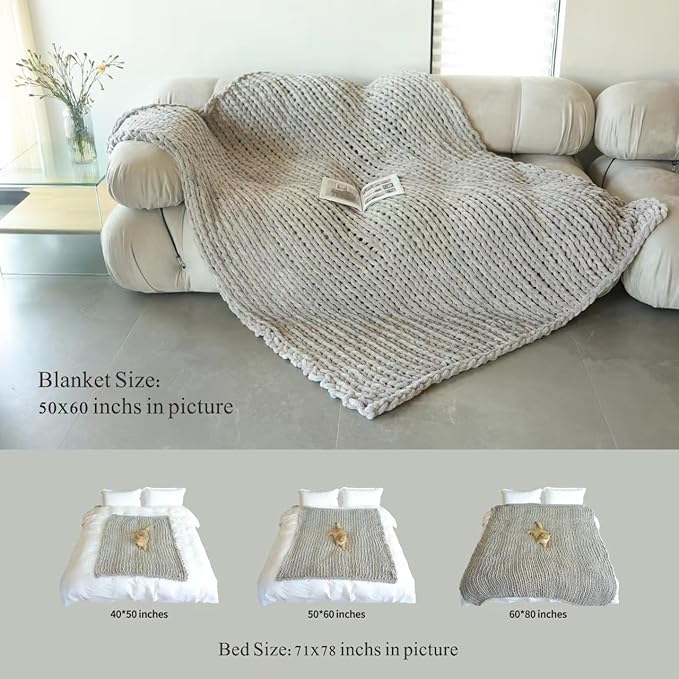 Maetoow Tighter Version Chenille Chunky Knit Blanket Throw （50×60 Inch）, Handmade Warm & Cozy Blanket Couch, Bed, Home Decor, Soft Fleece Banket, Boho Thick Blankets and Giant Yarn Throws，Light Grey