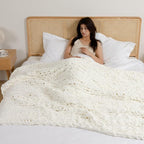 WESHIONGOO Chunky Knit Throw Blanket 50"×60" Knitted Throw Blankets for Couch Bed Fluffy Soft Blanket with Jumbo Chenille Yarn Thick 100% Handmade (Cream White)