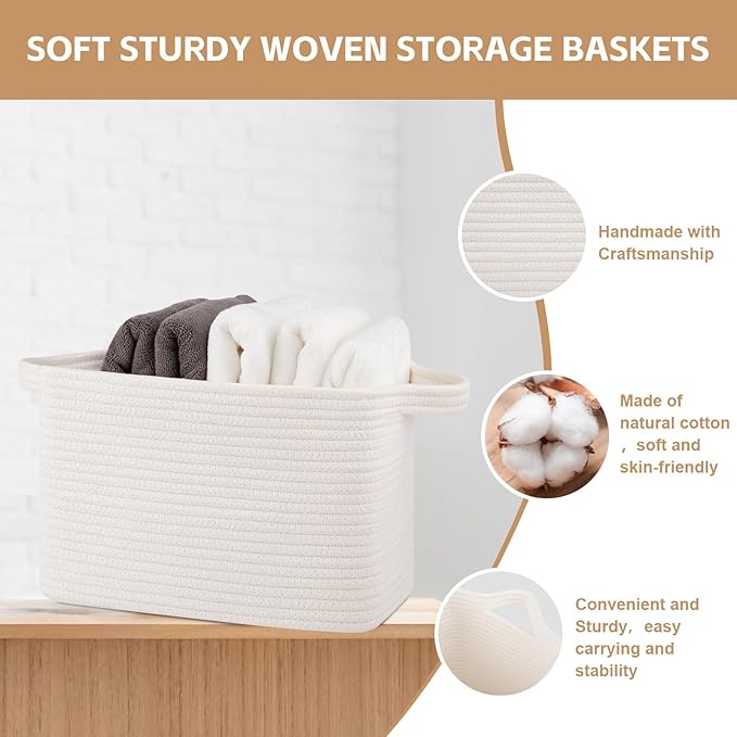 Storage Basket for Organizing, Woven Baskets for Storage, Rectangle Decorative Baskets for Shleves, Closet, Toys, Books, Nursery Organizer Bins - Pack of 3 (White)