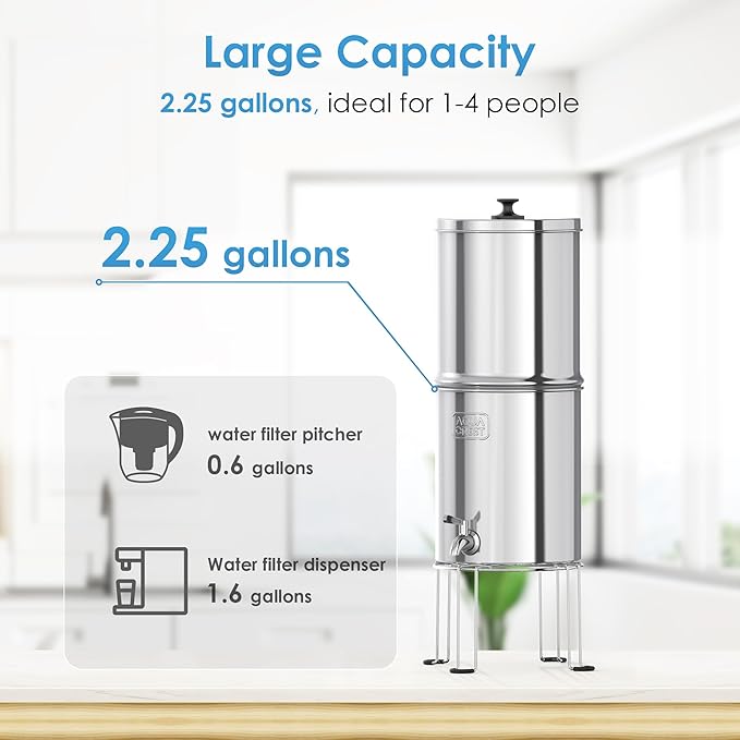 AQUA CREST Gravity Water Filter System, 304 Stainless Steel Countertop System with 4 Filters and Anti-Slip Stand, Reduce Fluoride and Chlorine, 2.25G, for Home, Camping, RVing, Off-Grid, Emergencies