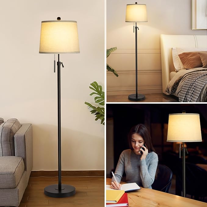 Floor Lamps for Living Room, Black Floor Lamp Adjustable Height Standing Lamp, Dimmable Modern Tall Floor Lamp for Bedroom Office with Beige Linen Shade, 8W 3000K Bulb Included