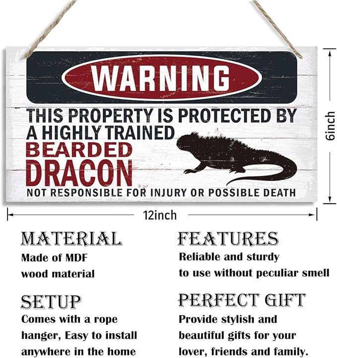 Warning Sign, Bearded Dracon Warning Wood Plaque Sign, Funny Door Signs, Decorative Wood Hanging Suspension Plaque, Farmhouse Wooden Wall Decor, Outdoor Hanging Wooden Signs