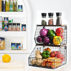 Fruit Basket, Stackable Wall Mounted Fruit Baskets, Potato Baskets Onion Storage for Kitchen, Hanging Wire Basket with Wood Lid, 2-Tier Vegetable Organizer Kitchen Countertop Organization