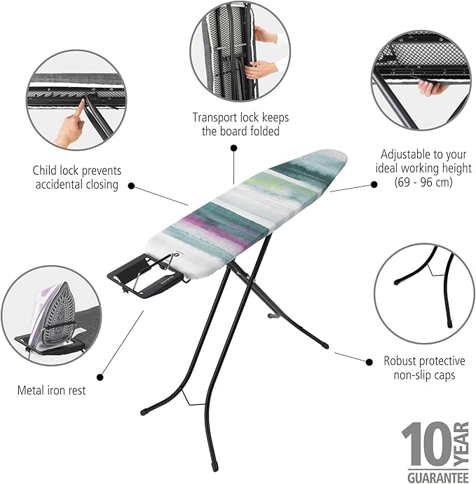 Brabantia Size A Compact Small Ironing Board (43x12 in) 7 Height Options, Adjustable Steam Iron Rest Holder (Morning Breeze) Non-Slip Feet, Anti-Collapse Child Locks