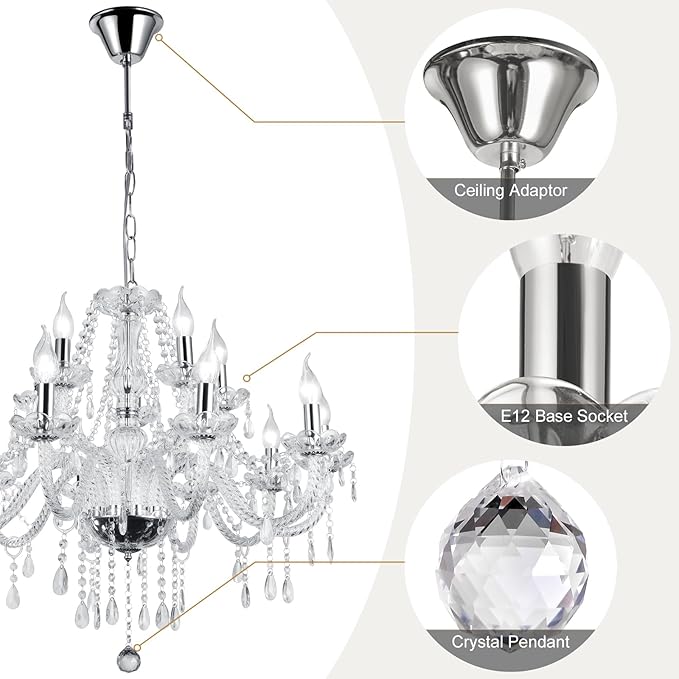 Modern Elegant 15 Lights K9 Crystal Glass Chandelier Pendant Ceiling Lighting European Style for Dining Living Room Bedroom Transparent,15 E12 Bulbs Required