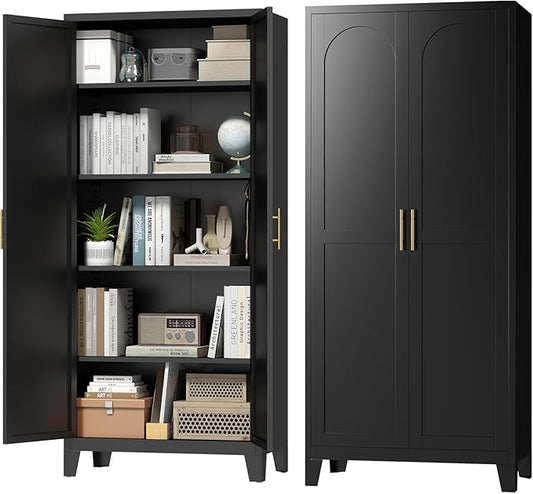 70.87" H Metal Kitchen Pantry Cabinet, Freestanding Cupboard with 2 Doors and 4 Adjustable Shelves, Tall Metal Storage Cabinet for Kitchen, Bathroom, Dinning Room or Laundry Room （Black）