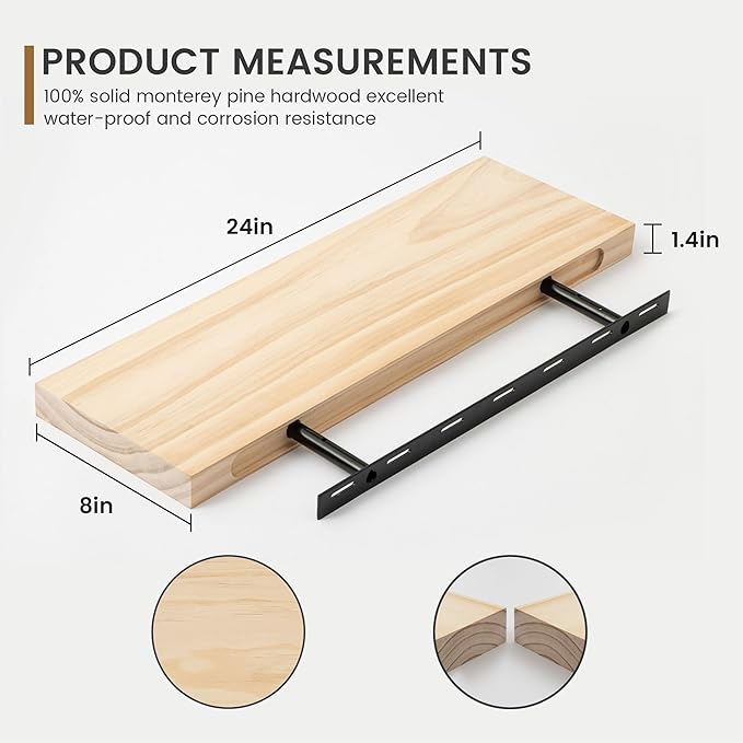 Fun Memories Farmhouse Floating Shelves - 8 Inch Deep Rustic Wood Wall Shelf - Premium Solid Pine Wood Storage Shelf for Kitchen Living Room Bedroom - 24" W x 8" D - Set of 2 - No Stain - Unfinished