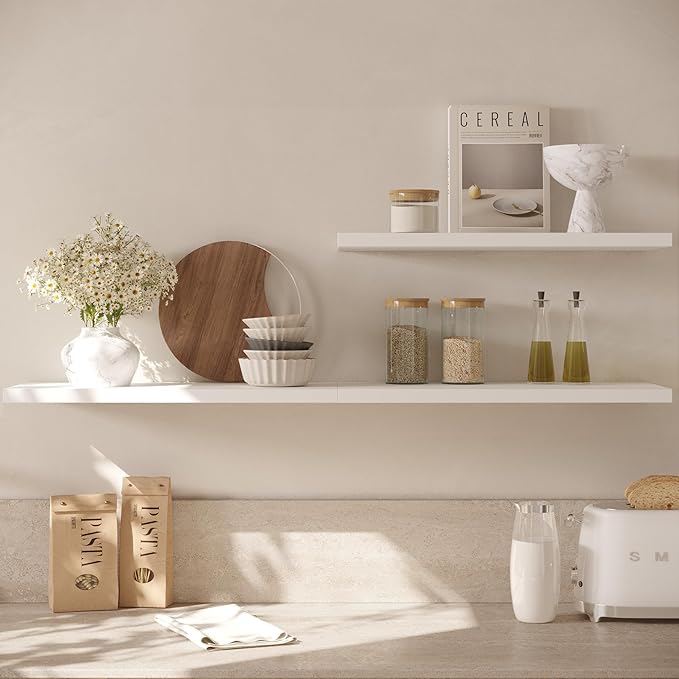 Wall Shelf Set of 2, White Floating Shelves 36 in W x 10 in D x 1 in H, Wooden Floating Wall Shelf with Invisible Brackets for Living Room/Bedroom/Bathroom/Kitchen Storage and Decor