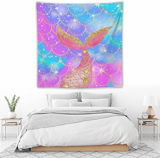 HZOHNAGO Mermaid Scales Tapestry Colorful Shiny Scales Mermaid Tail Pattern Printed Wall Tapestry Wall Hanging for Bedroom Living Room Dorm 60" W x 60" H