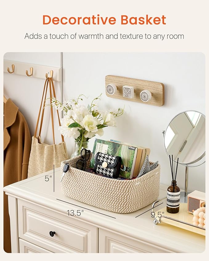Small Woven Basket, 13.5 x 9.5 x 5 Inches, Storage Basket for Organizing, Cute Small Rope Shelf Closet Cube Storage Bins Baskets for Shelves, Dog Toy Gift Baskets Empty, 3 Pack Brown