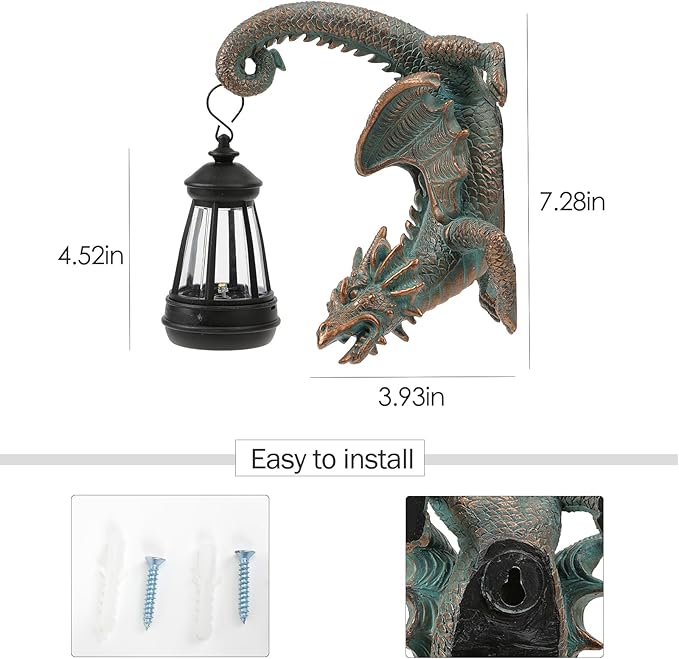 Solar Dragon Tree Hugger Statue Wall Decor - Gothic Garden Statue with Solar Lantern, Outdoor&Yard Decor, Fantasy Dragon Figurine for Trees, Walls, or Fences - Unique for Men & Women