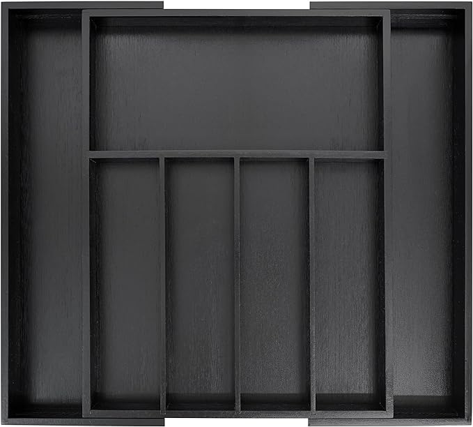 VaeFae Premium Bamboo Drawer Organizer, Expandable Silverware Drawer Organizer, Cutlery Tray with Dividers for Kitchen Utensils (Black, Large)