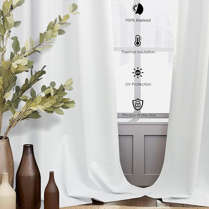 White Blackout Kitchen Curtains 45 Inch Length for Small Window Bedroom Cute Cottage Short Flax Linen Curtain 2 Panel Sets Heat Blocking Insulated Thermal Cafe Drapes Rod Pocket Back Tab 52 x 45 Long