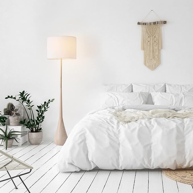 GLOBE Electric 52112 65" Floor Lamp, Faux Wood Finish, White Cotton Shade, Japandi Style, E26 Base, Modern Bedroom and Living Room Lighting