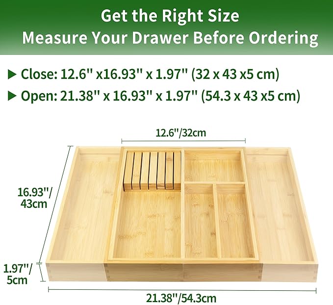 VaeFae Bamboo Kitchen Drawer Organizer, Wooden Utensil Tray with Multiple Compartments, Cutlery and Silverware Storage
