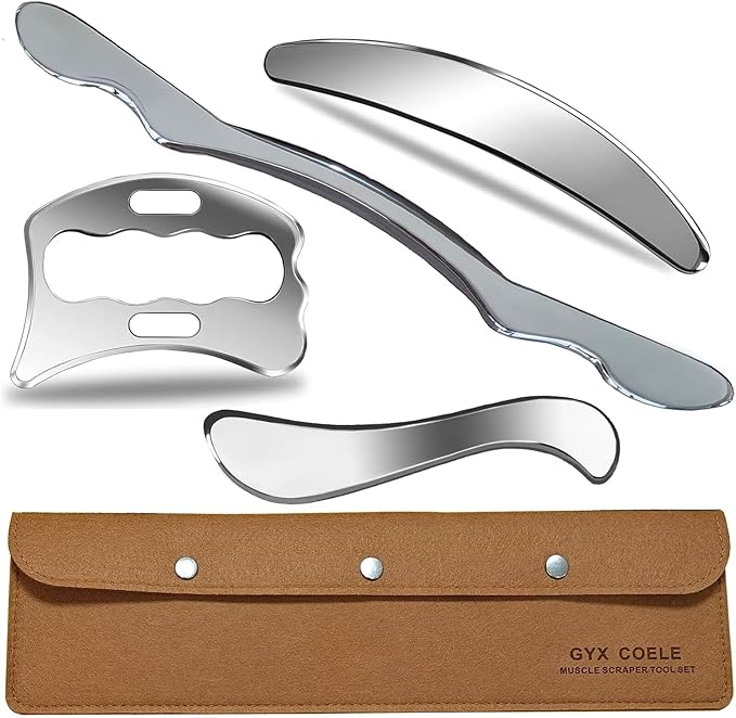 Stainless Steel Muscle Scraper Tool Set, 4-Piece Professional Physical Therapy Massage Tools with Storage Case