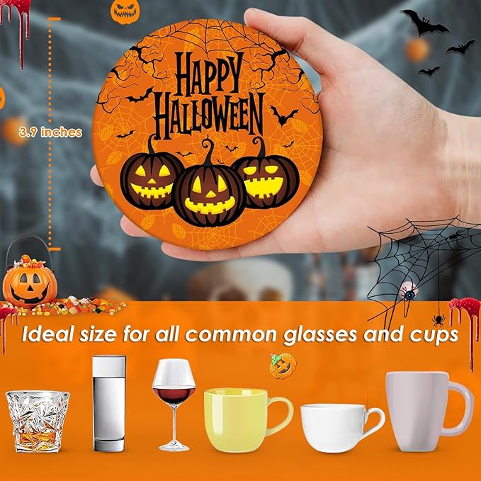 Coaster for Drinks Set of 6, Happy Halloween Trick or Treat Pumpkin Absorbent Round Ceramic Stone Mat, with Cork Base and Metal Holder, Gift for Housewarming Room Bar Decor