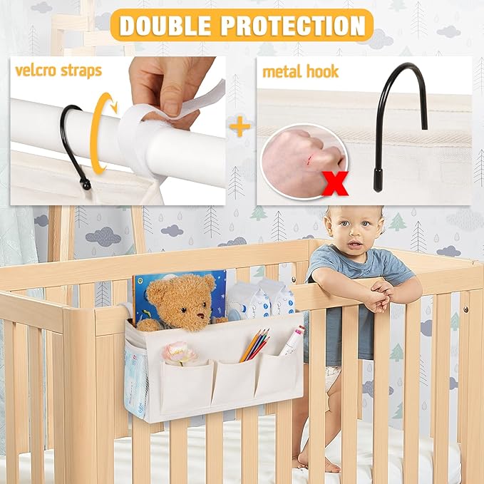 Bedside Caddy Organizer with Fixed Straps and Water Bottle Holder for Home, College Dorm, Hospital, Crib and Bunk Bed (2pcs White)