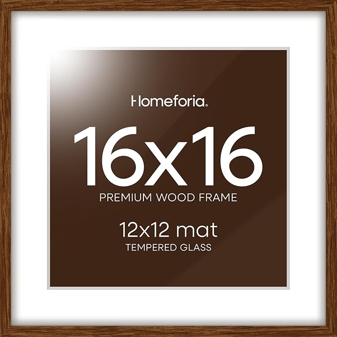 Homeforia 16x16 Brown Picture Frame, High End Dark Oak 16 x 16 Square Wood Frame with Mat 12 x 12 for Photo, 16by16 Wooden Walnut Poster Frame Matted to 12x12 Print, Tempered Glass, Wall Kit, Set of 1