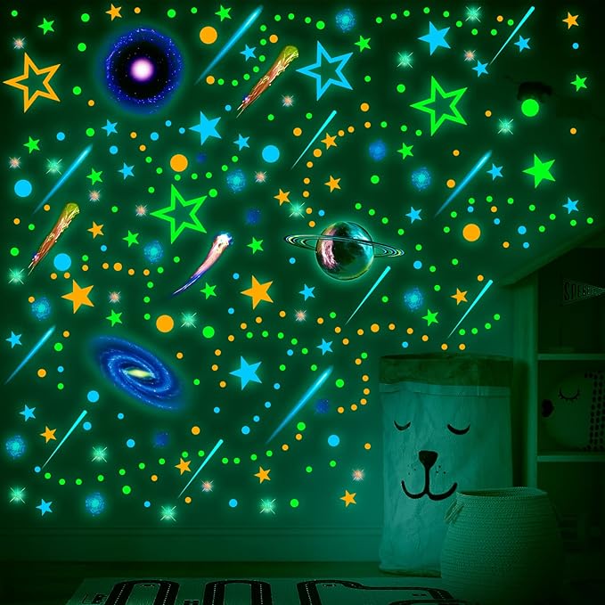 Spakon 495 Pcs Glow in The Dark Moons and Stars Wall Decals for Ceiling,Glowing Planets Wall Stickers Removable Galaxy Solar System Space Decal Nursery Stickers for Kids Bedroom Living Room Decor