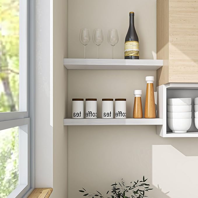 Farmhouse Floating Shelves - 8 Inch Deep Rustic Wood Wall Shelf - Premium Solid Pine Wood Storage Shelf Display Shelf for Kitchen Living Room Bedroom - 24"W x 8"D - Set of 2 - White Color