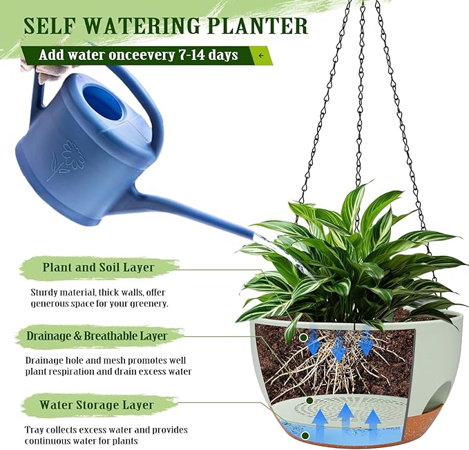 Hanging Planters for Outdoor Indoor Plants, 2 Pack 12 Inch Hanging Basket Plants Outdoor, Self Watering Hanging Planter with Plant Hanger for Garden Home Decoration (Green)