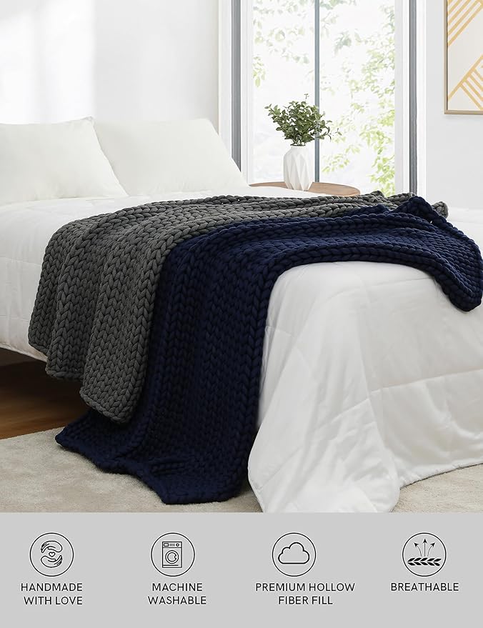 YnM Chunky Throw Blanket, Medium-Weight, Hand Knitted, Skin Friendly, Ventilated and Breathable, Machine Washable, Home Décor Piece for Couch, Sofa and Bed (Indigo Blue, 50x70 Inch)