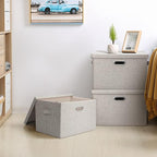Large 17" 36 Quart Collapsible Stackable Storage Bins with Lids, 5 Packs Beige Linen Fabric Closet Boxes with Lids, Storage Cube Baskets Container Organizers for Bedroom Office(17 x12 x11)