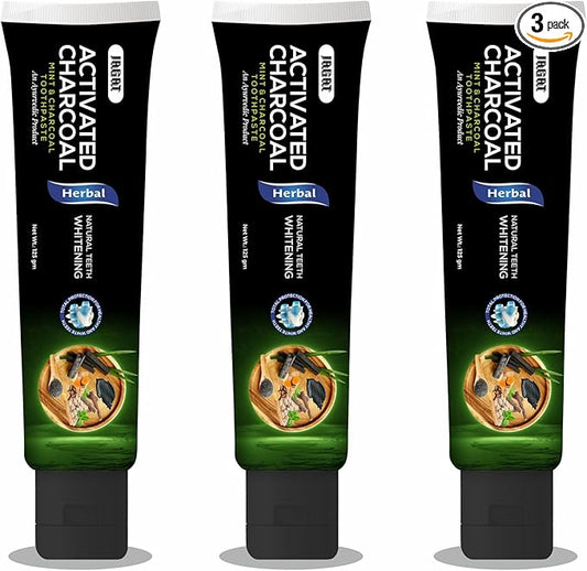 Jagat Activated Charcoal Toothpaste, Teeth Whitening Mint Flavor Toothpaste, Fluoride Free Natural, Removes Plaque, No Artificial Colors, BPA Free, Gum Cure, Vegan - Pack of 3 (4.4 OZ X 3 Tubes)