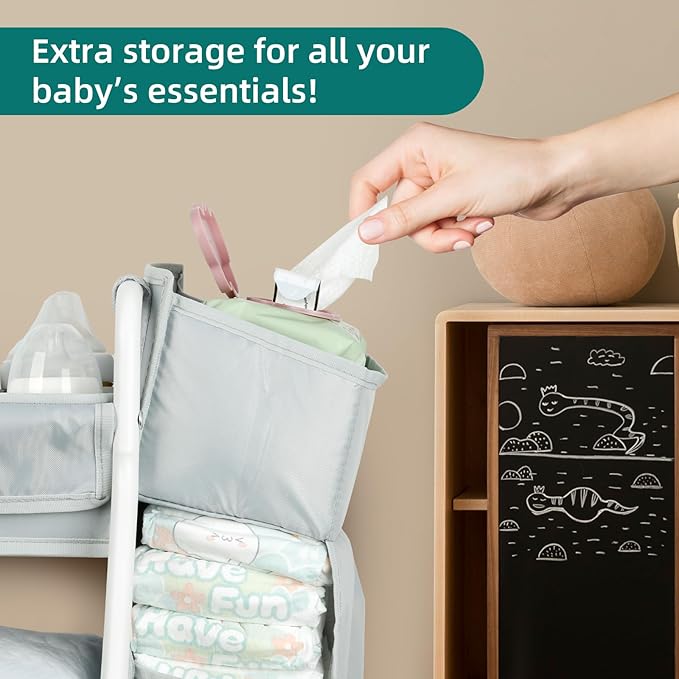 Moteph Rolling Utility Cart with Side Storage - Diaper Organizer, Nursery Essentials, and Craft Organizer (with_Side_Storage)